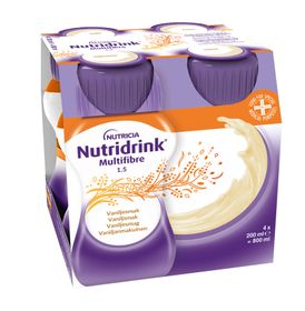 Nutridrink Multi Fibre energirikt, komplett kosttillägg med kostfiber vanilj, 4 x 200 milliliter